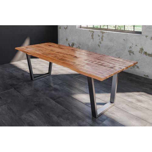 Refurbished Möbelretoure Baumkantentisch Esstisch Mangoholz massiv V-Gestell silber 220 x 100 cm DORA