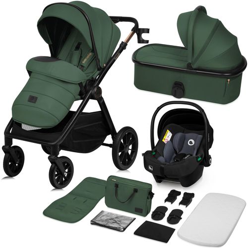 Lionelo Kombikinderwagen Layla 3in1 Babyschale, Babywanne und Buggy bis 22n kg, Babywanne bis 9 kg, 360° Schwenkbare PolyurethanRäder, XXL Verdeck - Grün