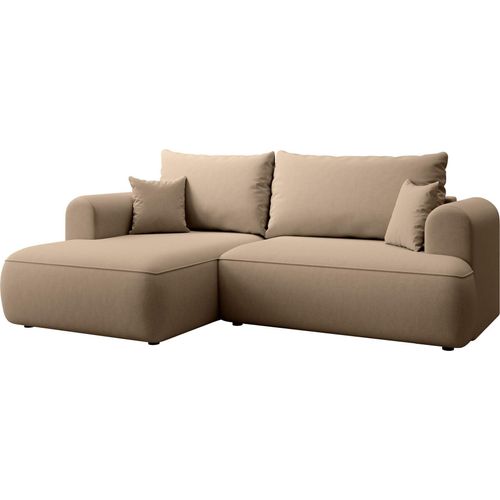 Selsey Ovo Mini - Eckschlafsofa linksseitig mit Stauraum, Easy-Clean-Samtbezug, beige