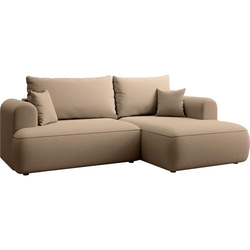 Selsey Ovo Mini - Eckschlafsofa rechtsseitig mit Stauraum, Easy-Clean-Samtbezug, beige