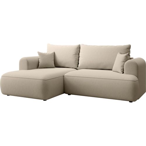 Selsey Ovo Mini - Eckschlafsofa linksseitig mit Stauraum, Easy-Clean-Samtbezug, hellbeige