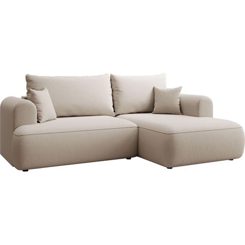 Selsey Ovo Mini - Eckschlafsofa rechtsseitig mit Stauraum, Easy-Clean-Samtbezug, creme