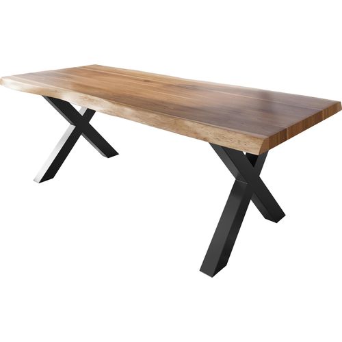 Esstisch Baumkante massiv Akazie natur 240 x 120 X-Gestell Metall schwarz TITAN