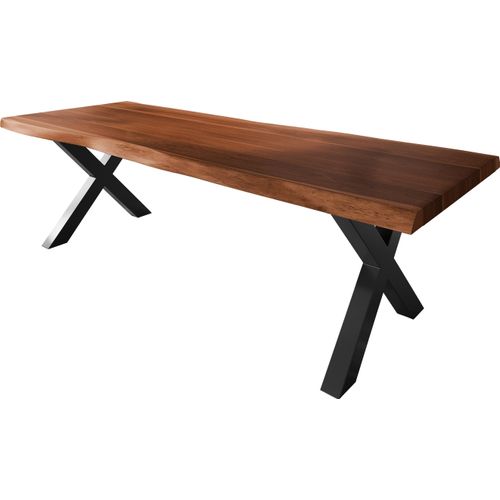 Esstisch Baumkante massiv Akazie nussbaumfarben 260 x 120 X-Gestell Metall schwarz TITAN
