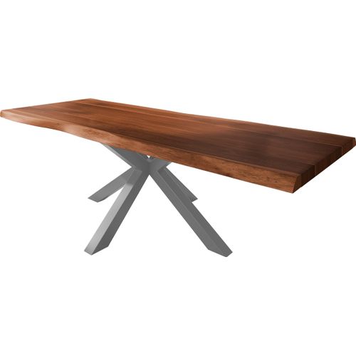 Esstisch Baumkante massiv Akazie nussbaumfarben 280 x 110 Spider-Gestell Metall silber TITAN