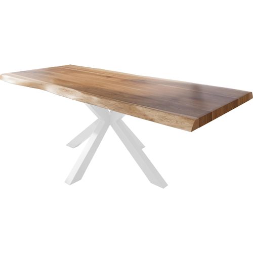 Esstisch Baumkante massiv Akazie natur 220 x 110 Spider-Gestell Metall weiß TITAN