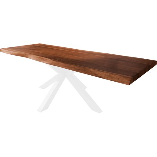 Esstisch Baumkante massiv Akazie nussbaumfarben 260 x 120 Spider-Gestell Metall weiß TITAN