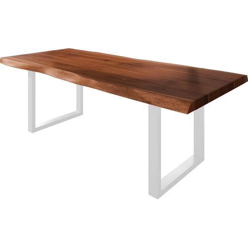 Esstisch Baumkante massiv Akazie nussbaumfarben 240 x 110 U-Gestell Metall weiß TITAN