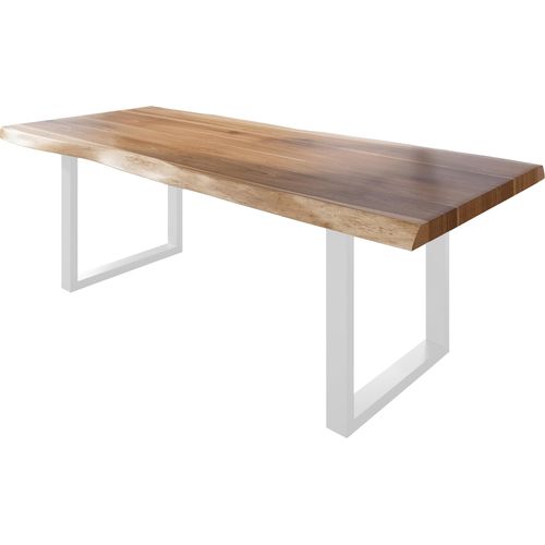 Esstisch Baumkante massiv Akazie natur 240 x 110 U-Gestell Metall weiß TITAN