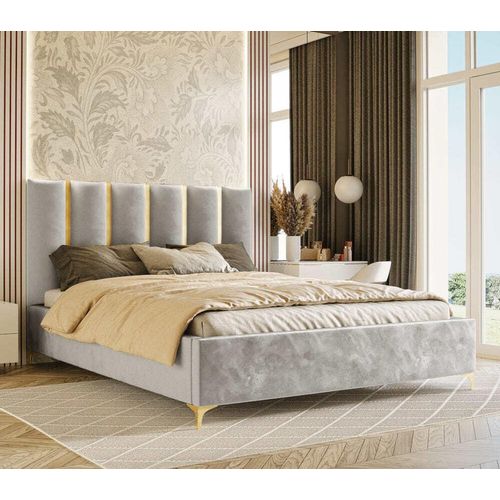 Polsterbett Hege 160x220, Doppelbett mit Bettkasten, Ehebett, Gold Leisten spiegelähnliche, Gasdruckfeder, Lattenrost Samt Piano 13 Grau