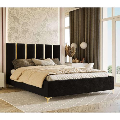 Polsterbett Hege 140x200, Doppelbett mit Bettkasten, Ehebett, Gold Leisten spiegelähnliche, Gasdruckfeder, Lattenrost Samt Piano 17 Schwarz