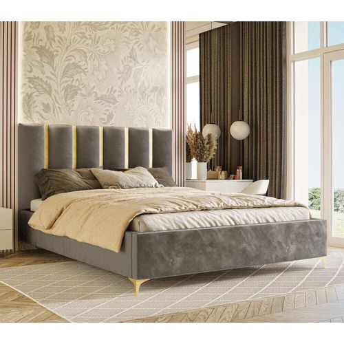 Polsterbett Hege 140x200, Doppelbett mit Bettkasten, Ehebett, Gold Leisten spiegelähnliche, Gasdruckfeder, Lattenrost Samt Piano 15 Dunkelgrau