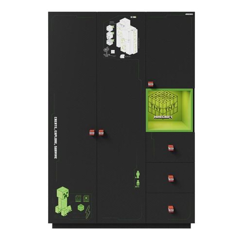 Minecraft Kleiderschrank , Schwarz , Kunststoff , Gaming , 2 Fächer , 135x200x50 cm , Beleuchtung , Kinder- & Jugendzimmer, Jugendmöbel,