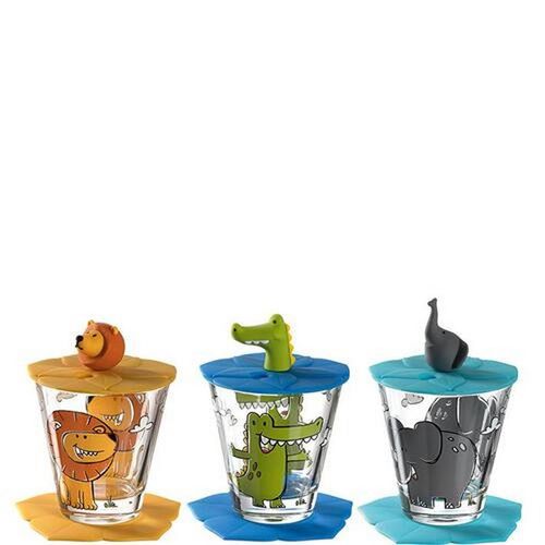 Leonardo Kinder-Gläserset Bambini , Blau, Gelb, Grau, Grün, Türkis , Kunststoff, Glas , 9-teilig , 32x10x11 cm , Essen & Trinken, Gläser, Gläser-Sets
