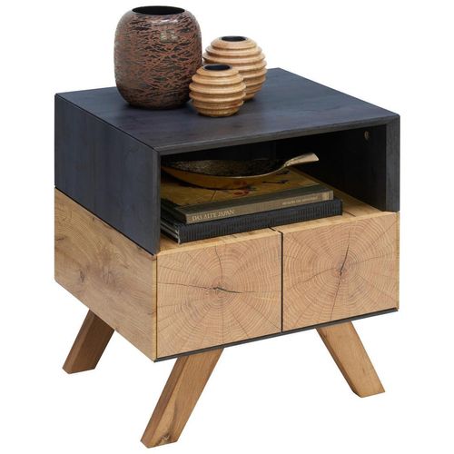 Carryhome Nachtschrank , Eiche, Dunkelgrau , Holzwerkstoff , Eiche , massiv , 1 Schubladen , 45x50x40 cm , Schlafzimmer, Nachttische