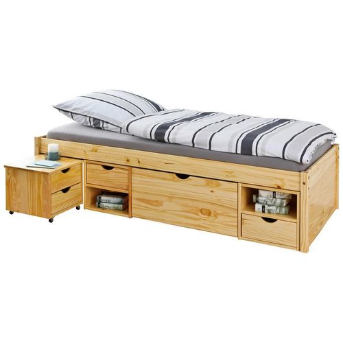 Mid.you Stauraumbett Interlink Claas 30400630 , Natur , Holz , Kiefer , massiv , 3 Schubladen , 90x200 cm , Bettkasten, Lattenrost , Schlafzimmer,