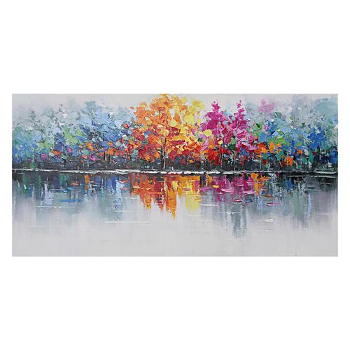 Monee Ölgemälde , Blau, Gelb, Lila, Rot , Holz, Textil , Tanne , vollmassiv , Bäume , rechteckig , 150x55 cm , handgemalt, Keilrahmen , Bilder und