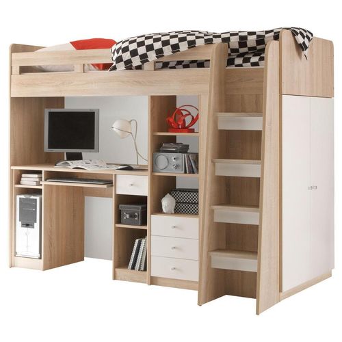 Mid.you Hochbett , Weiß, Eiche , Holzwerkstoff , Höhe ca. 11 cm , seitenverkehrt montierbar , 90x200 cm , Kinder- & Jugendzimmer, Kindermöbel,