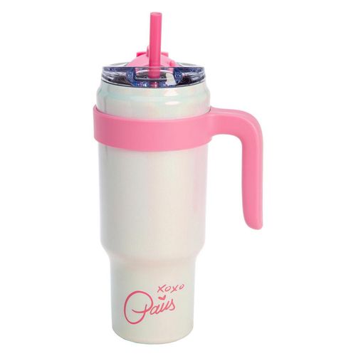 Paris Hilton Thermobecher Paris Hilton , Weiß, Pink , Metall, Kunststoff , Schriftzug , 1 L , 100% dicht, abnehmbarer Deckel , Kaffee & Tee, Tassen,
