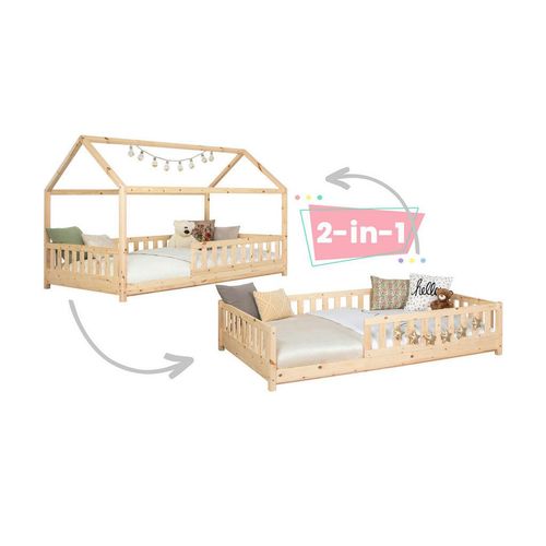 Mid.you Hausbett , Natur , Holz , Kiefer , Schichtholz,massiv , Höhe ca. 20 cm , 140x200 cm , bodentiefer Einstieg , Kinder- & Jugendzimmer,
