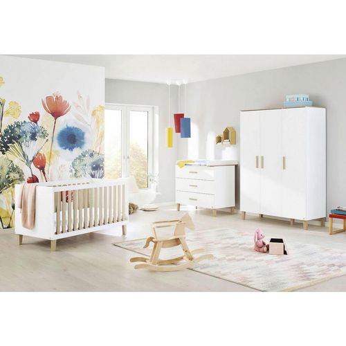 Pinolino Babyzimmer Lumi , Weiß, Eiche , Holzwerkstoff , 6 Fächer , 3 Schubladen , zum Juniorbett umbaubar, höhenverstellbar, Sprossen mit