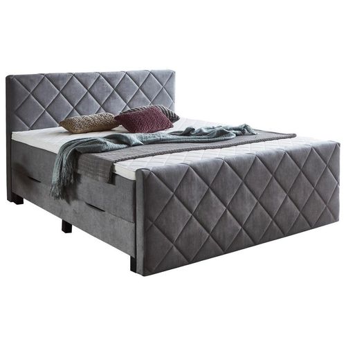 Boxspringbett , Grau , Textil , Vintage , H3 , Höhe ca. 25 cm , 180x200 cm , Bettkasten, gepolstertes Kopfteil, Topper durchgehend , Schlafzimmer,