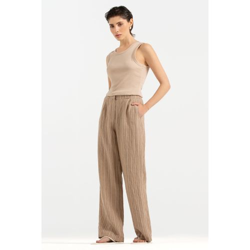 Leinenhose SENSES.THE LABEL, Damen, Gr. XL, Normalgrößen, beige (natural beige, cotton weiß), Material: 100% Leinen, gestreift, casual, lässig geschnitten lang, Hosen, mit Bundfalten