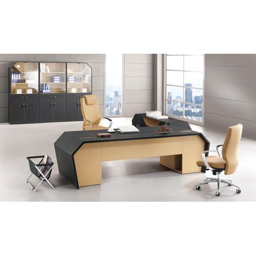 Set Büromöbel Gruppe Eck Schreibtisch Chef Tisch Leder Holz Kommode Schrank 3tlg