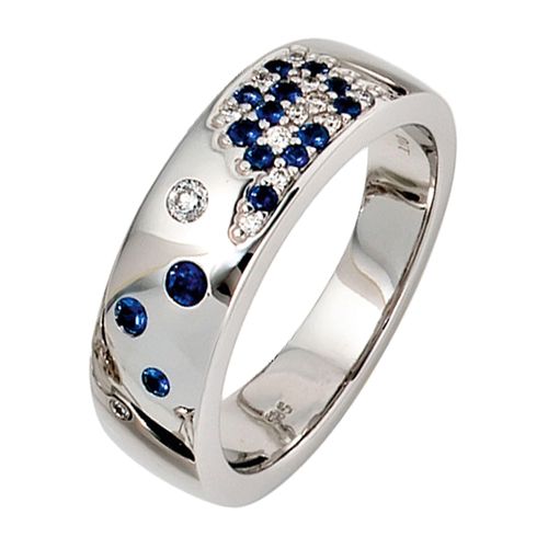 Diamantring JOBO Gr. 54, weiß (weißgold 585), Fingerringe, Damen, 54, SI = kleine Einschlüsse, Weißgold 585-Diamanten, Weißgold 585, Diamanten, 585 Weißgold mit Safir und 13 Diamanten