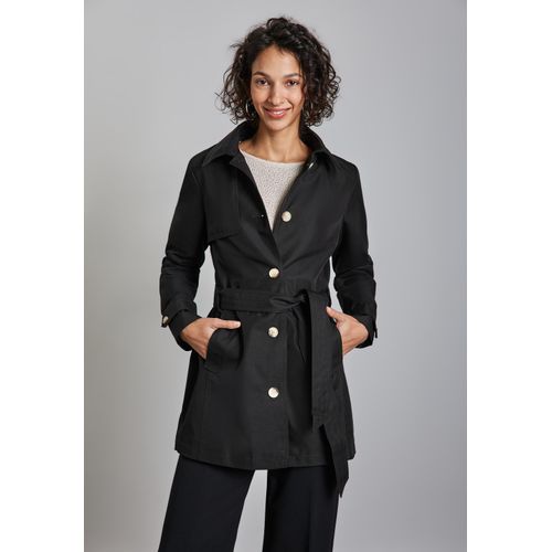 Trenchcoat STREET ONE, Damen, Gr. 46, schwarz, Web, Obermaterial: 69% Baumwolle, 31% Polyester, unifarben, casual, klassisch ca. Mitte Oberschenkel, Rundhals, Langarm mit Knopf,mit Riegel, Mäntel, mit Gürtel zum Taillieren