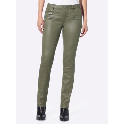 Röhrenjeans HEINE, Damen, Gr. 25, Kurzgrößen, grün (khaki), 98% Baumwolle, 2% Elasthan, Beschichtung:100% Polyurethan, unifarben, lang, Jeans