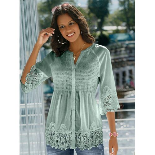 Spitzenbluse ALESSA W., Damen, Gr. 36, grün (mint), 100% Baumwolle, Spitze:100% Baumwolle, unifarben, Rundhals, 3/4-Ärmel, Blusen