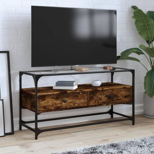 Tv-Schrank Mit Glasplatte Holzwerkstoff | Farbe: Räuchereiche | Größe: 98 x 35 x 51 cm