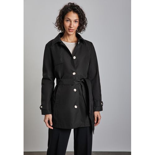 Trenchcoat STREET ONE, Damen, Gr. 34, schwarz, Web, Obermaterial: 69% Baumwolle, 31% Polyester; Futter: 100% Polyester, unifarben, casual, gerade hüftbedeckend, V-Ausschnitt, Langarm Bündchen, Mäntel, mit Bindegürtel