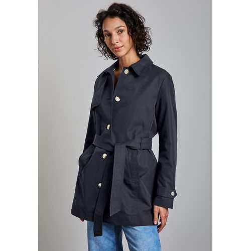 Trenchcoat STREET ONE, Damen, Gr. 34, blau (gravity blau), Web, Obermaterial: 69% Baumwolle, 31% Polyester; Futter: 100% Polyester, unifarben, casual, gerade hüftbedeckend, V-Ausschnitt, Langarm Bündchen, Mäntel, mit Bindegürtel