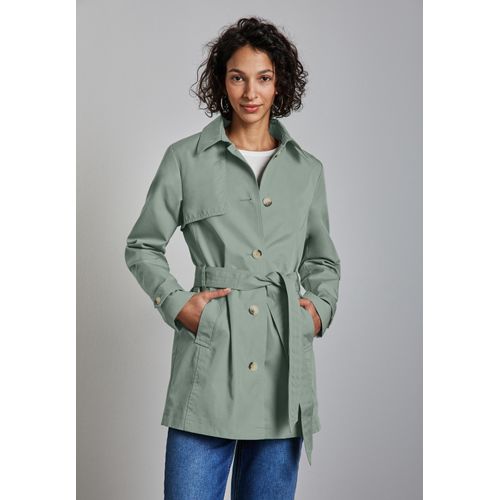 Trenchcoat STREET ONE, Damen, Gr. 42, grün (mint grün), Web, Obermaterial: 69% Baumwolle, 31% Polyester; Futter: 100% Polyester, unifarben, casual, gerade hüftbedeckend, V-Ausschnitt, Langarm Bündchen, Mäntel, mit Bindegürtel