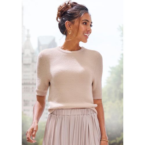 Kurzarmpullover LASCANA, Damen, Gr. 32/34, beige (sand), Rippstrick, Obermaterial: 80% Polyamid, 15% Viskose, 5% Polyester, unifarben, modisch, figurumspielend hüftlang, Rundhals, Kurzarm, Pullover, flauschiger Strickpullover, figurnaher Schnitt