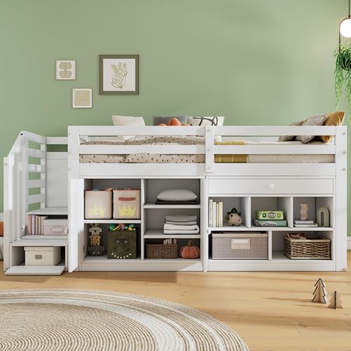 MODFU Hochbett Kinderbett 90x200cm mit Schrank und Schublade/Schreibtisch, Kinderbett mit Treppe und Leiter, Etagenbett Hausbett Massivholz Jugendbett, Weiß