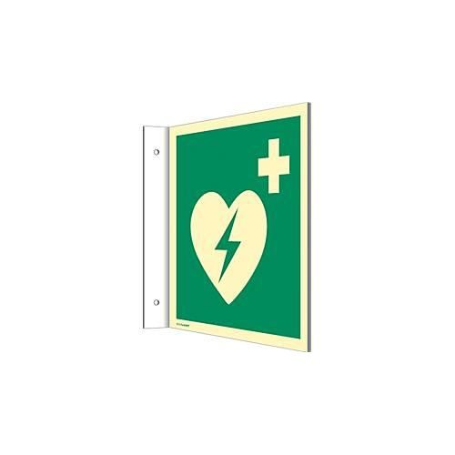 moedel Fahnenschild „Automatischer externer Defibrillator AED“, EN ISO 7010, Leuchtklasse C, 160 mcd/m², bis 14,8 m, L 148 x B 148 mm, Kunststoff
