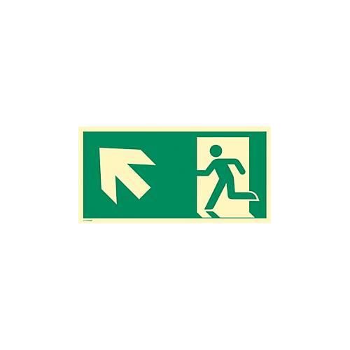 moedel Hinweisschild „Notausgang links schräg oben“, EN ISO 7010, Leuchtklasse C, 160 mcd/m², bis 29,7 m, L 297 x B 594 mm, Aluminium, grün
