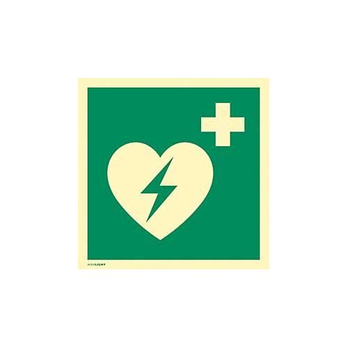 moedel Hinweisschild „Automatischer externer Defibrillator AED“, EN ISO 7010, Leuchtklasse C, 160 mcd/m², bis 14,8 m, L 148 x B 148 mm, Folie, grün