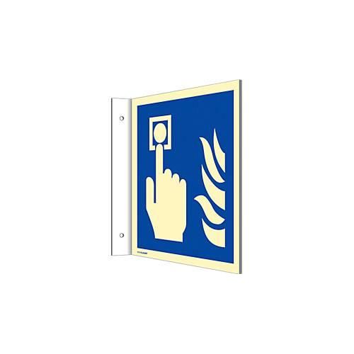 moedel Fahnenschild „Hausalarm/Brandmelder/Flamme“, Leuchtklasse C, 160 mcd/m², bis 20 m, L 200 x B 200 mm, Aluminium, blau-weiß