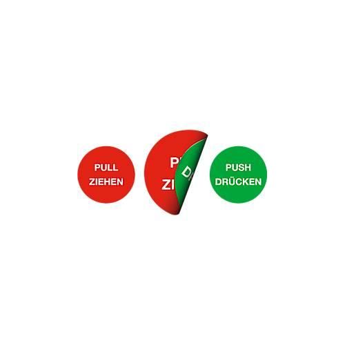moedel Piktogramm-Aufkleber „Pull Ziehen/Push Drücken“, doppelseitig bedruckt, selbstklebend, Ø 100 mm, Folie, rot-grün