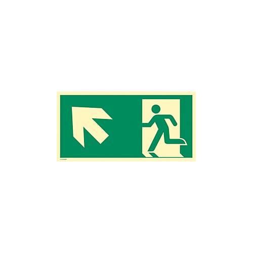 moedel Hinweisschild „Notausgang links schräg oben“, EN ISO 7010, Leuchtklasse C, 160 mcd/m², bis 20 m, L 200 x B 400 mm, Aluminium, grün