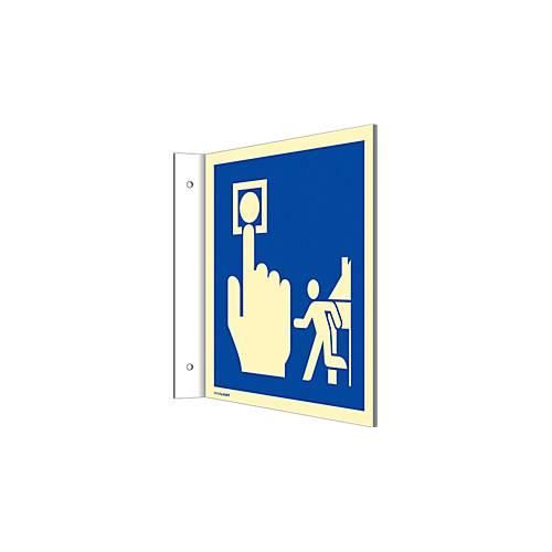 moedel Fahnenschild „Hausalarm/Brandmelder/Evakuierung“, Leuchtklasse C, 160 mcd/m², bis 14,8 m, L 148 x B 148 mm, Aluminium, blau-weiß