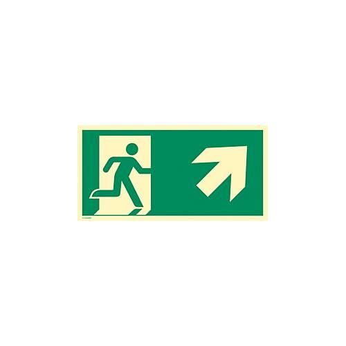 moedel Hinweisschild „Notausgang rechts schräg oben“, EN ISO 7010, Leuchtklasse C, 160 mcd/m², bis 29,7 m, L 297 x B 594 mm, Aluminium, grün
