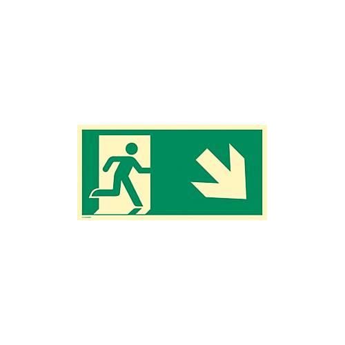 moedel Hinweisschild „Notausgang rechts Pfeil abwärts“, EN ISO 7010, Leuchtklasse C, 160 mcd/m², bis 14,8 m, L 148 x B 297 mm, Aluminium, grün