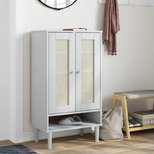 Schuhschrank Senja Rattan-Optik Massivholz Kiefer | Farbe: Weiß
