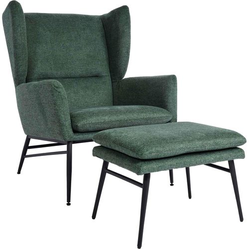 Lounge-Sessel mit Ottomane MCW-L62, Sessel Polstersessel Cocktailsessel Hocker, Stoff/Textil grün