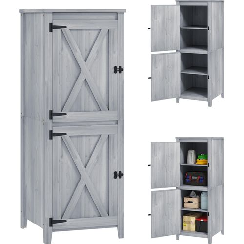 Outsunny Gartenschrank Holz, Geräteschuppen wetterfest Geräteschrank, 60x60x160cm, Gerätehaus mit Doppeltür, Ablagen, Abschließbar Werkzeugschrank Gartenschuppen für Garten, Terrasse, Hellgrau